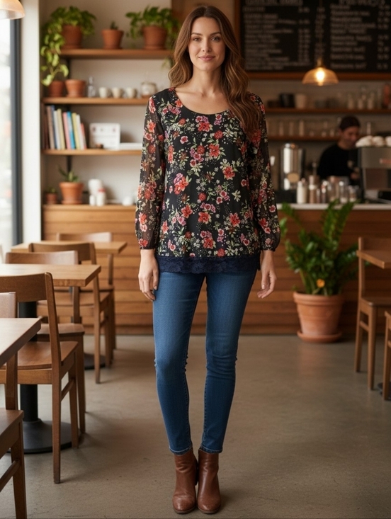 Vintage Tops - Vintage Floral Mesh Lace Trim Crisscross-Back Longsleeve Blouse, M